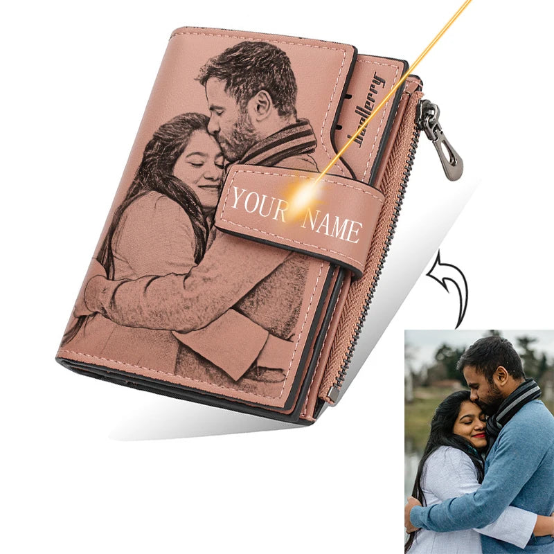 Personalized Photo Name Wallet for Men And Women PU Leather Short Tri-fold Zipper Coin Pocket Retro High Capacity Purse Gift