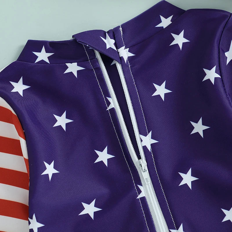 Baby Girl Patriotic Swimwear Set 4th of July American Flag Print Long Sleeve Rash Guard Bathing Suit with Matching Hat and