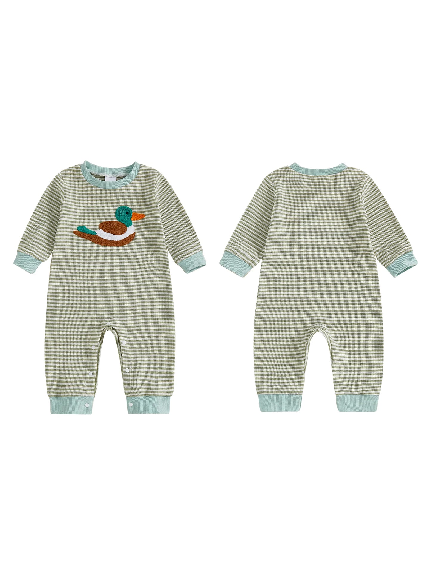 Infant Boys Romper Adorable Duck Embroidery Striped Jumpsuit for Fall Long Sleeve Casual Newborn Outfit