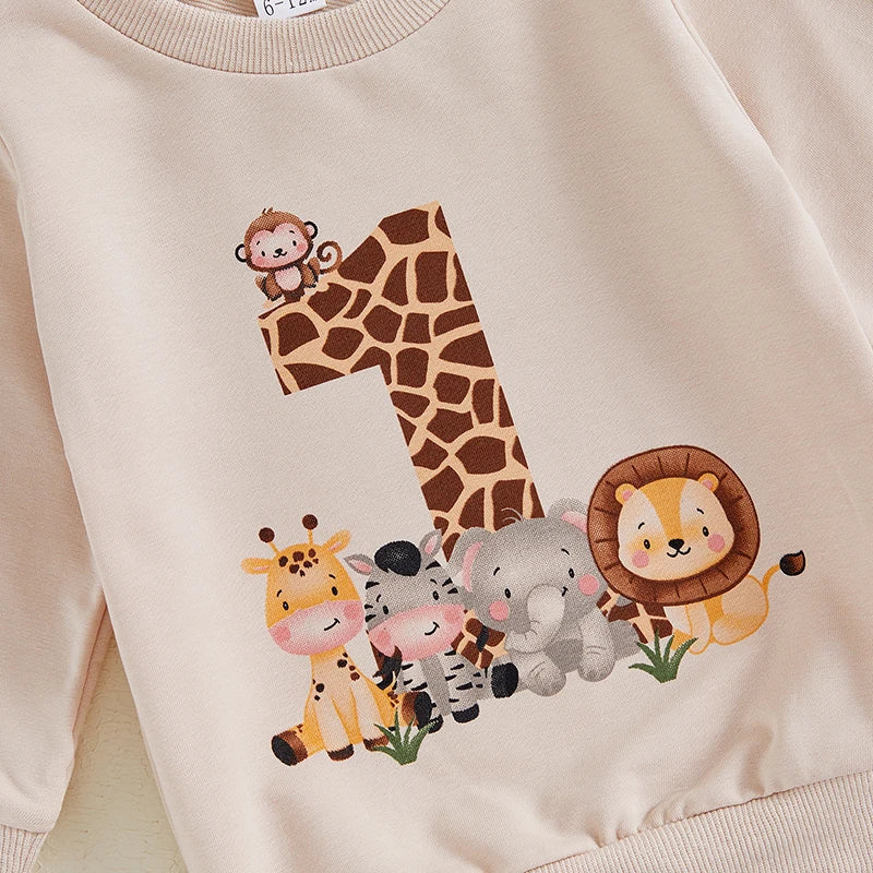 2024-05-31 Lioraitiin Baby Boy First Birthday Outfit, Animal Print Long Sleeve Sweatshirt Elastic Waist Pants Set for Fall