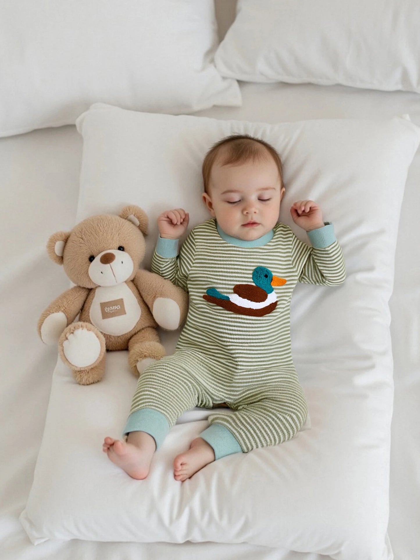 Infant Boys Romper Adorable Duck Embroidery Striped Jumpsuit for Fall Long Sleeve Casual Newborn Outfit