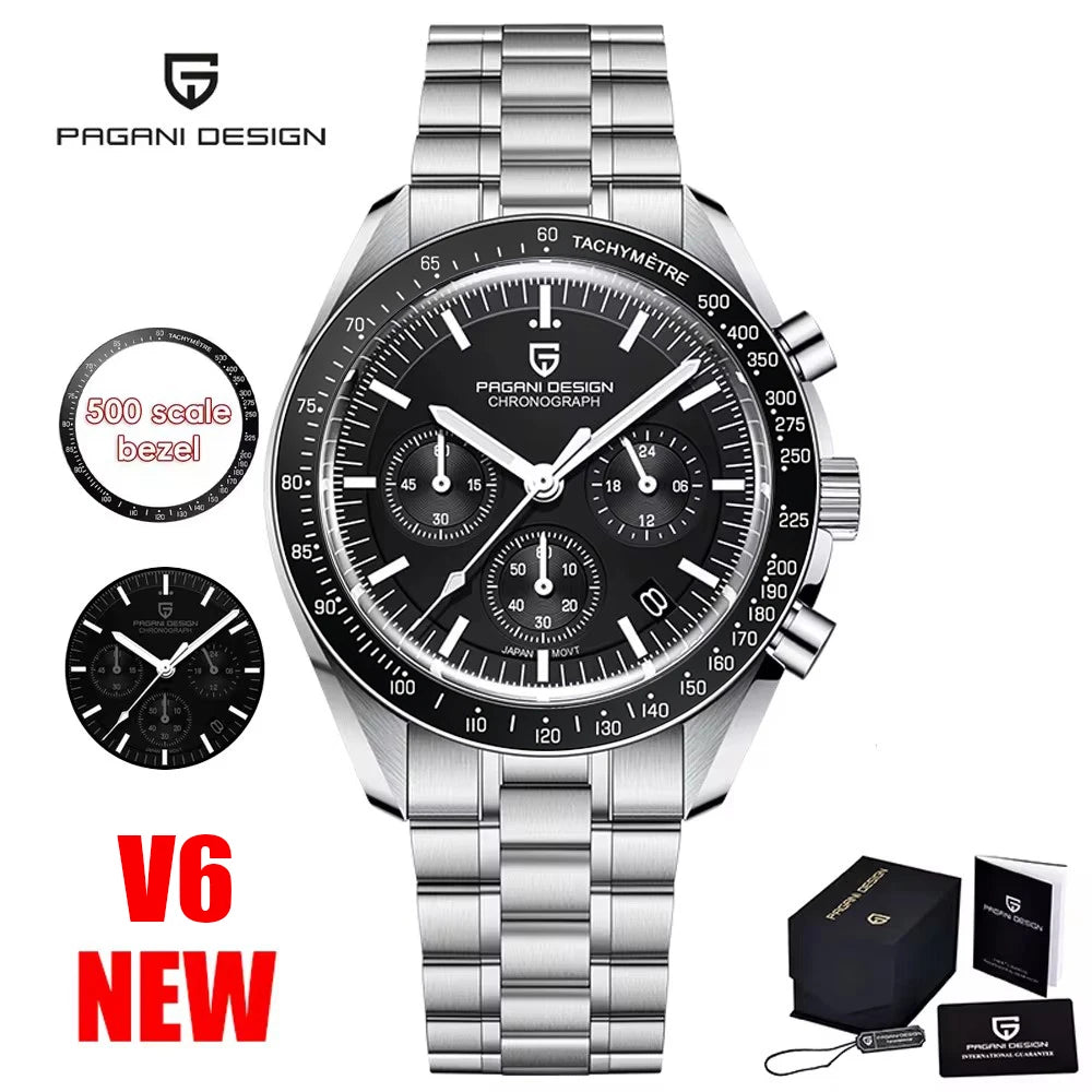 2026 New PAGANI DESIGN V6 Moon Men's Watcher Chronograph Quartz Watch Men Luxury AR Sapphire Ceramic Bezel Waterproof Luminous