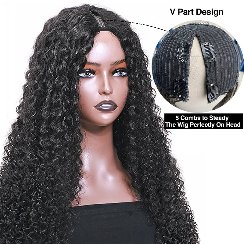 4C Afro Curly V Part Wig Human Hair 250% Glueless I Part Human Hair Wigs Brazilian Deep Wave 30 32 34 Inch Wigs For Women Sale