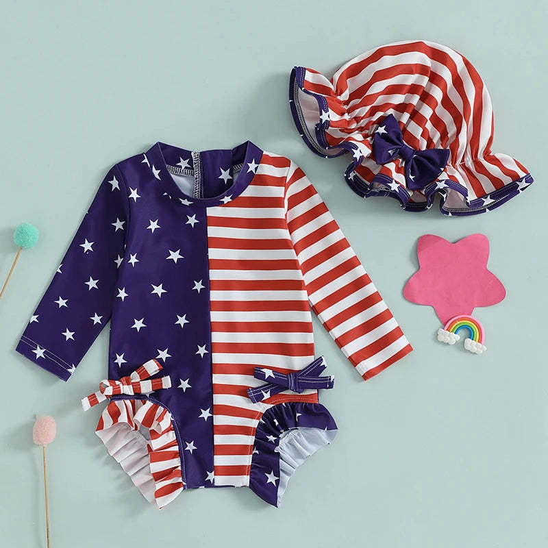 Baby Girl Patriotic Swimwear Set 4th of July American Flag Print Long Sleeve Rash Guard Bathing Suit with Matching Hat and
