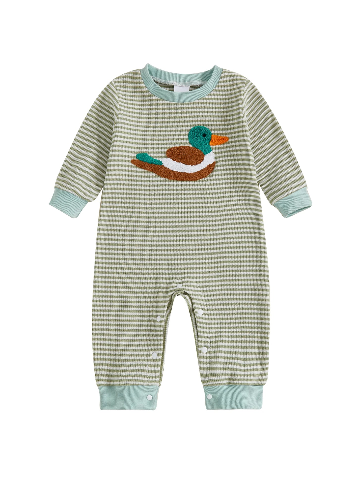 Infant Boys Romper Adorable Duck Embroidery Striped Jumpsuit for Fall Long Sleeve Casual Newborn Outfit
