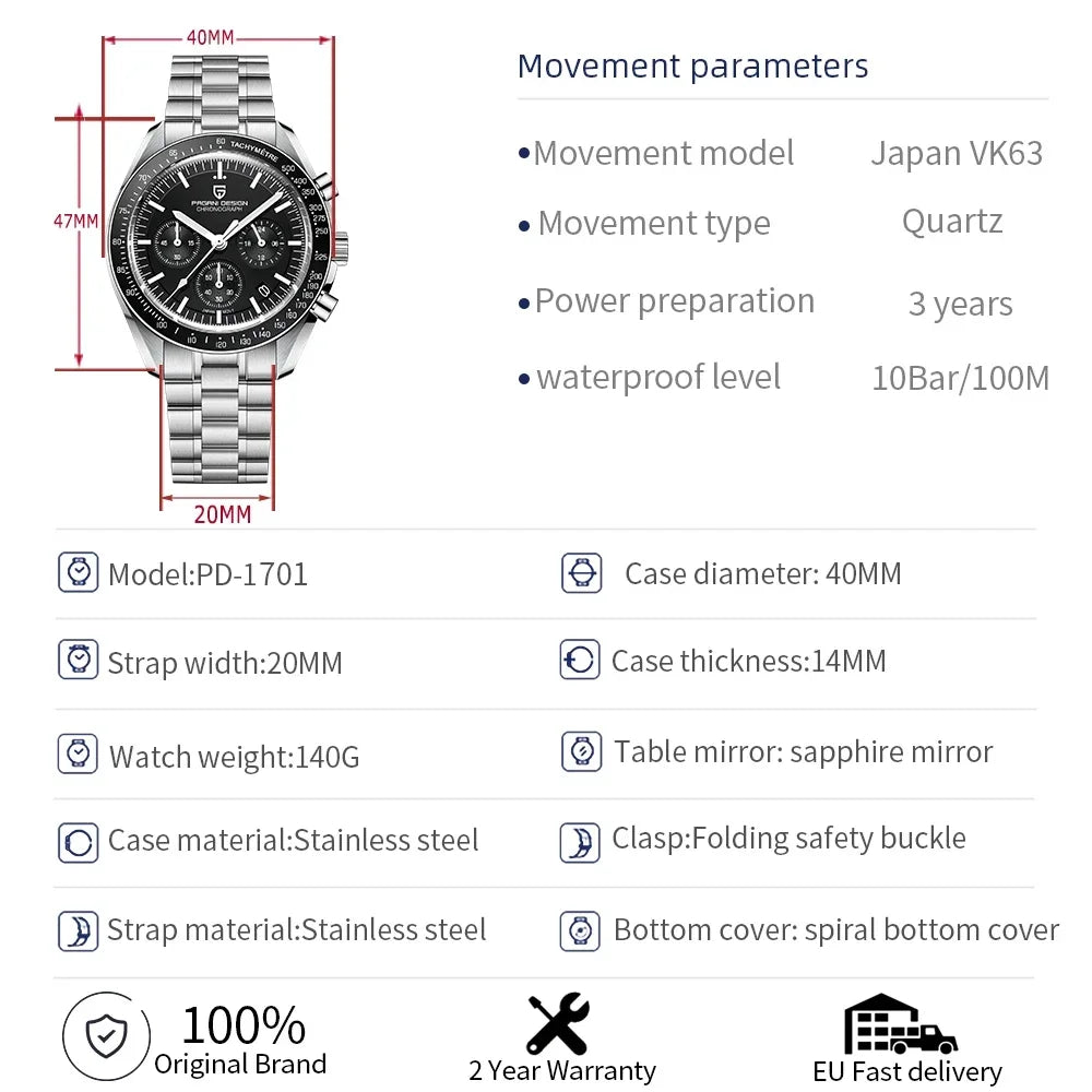 2026 New PAGANI DESIGN V6 Moon Men's Watcher Chronograph Quartz Watch Men Luxury AR Sapphire Ceramic Bezel Waterproof Luminous