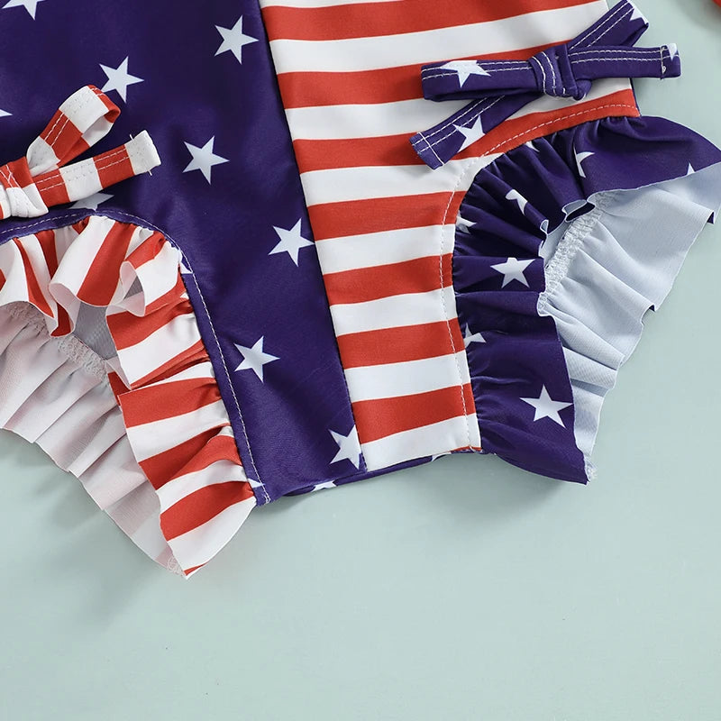 Baby Girl Patriotic Swimwear Set 4th of July American Flag Print Long Sleeve Rash Guard Bathing Suit with Matching Hat and