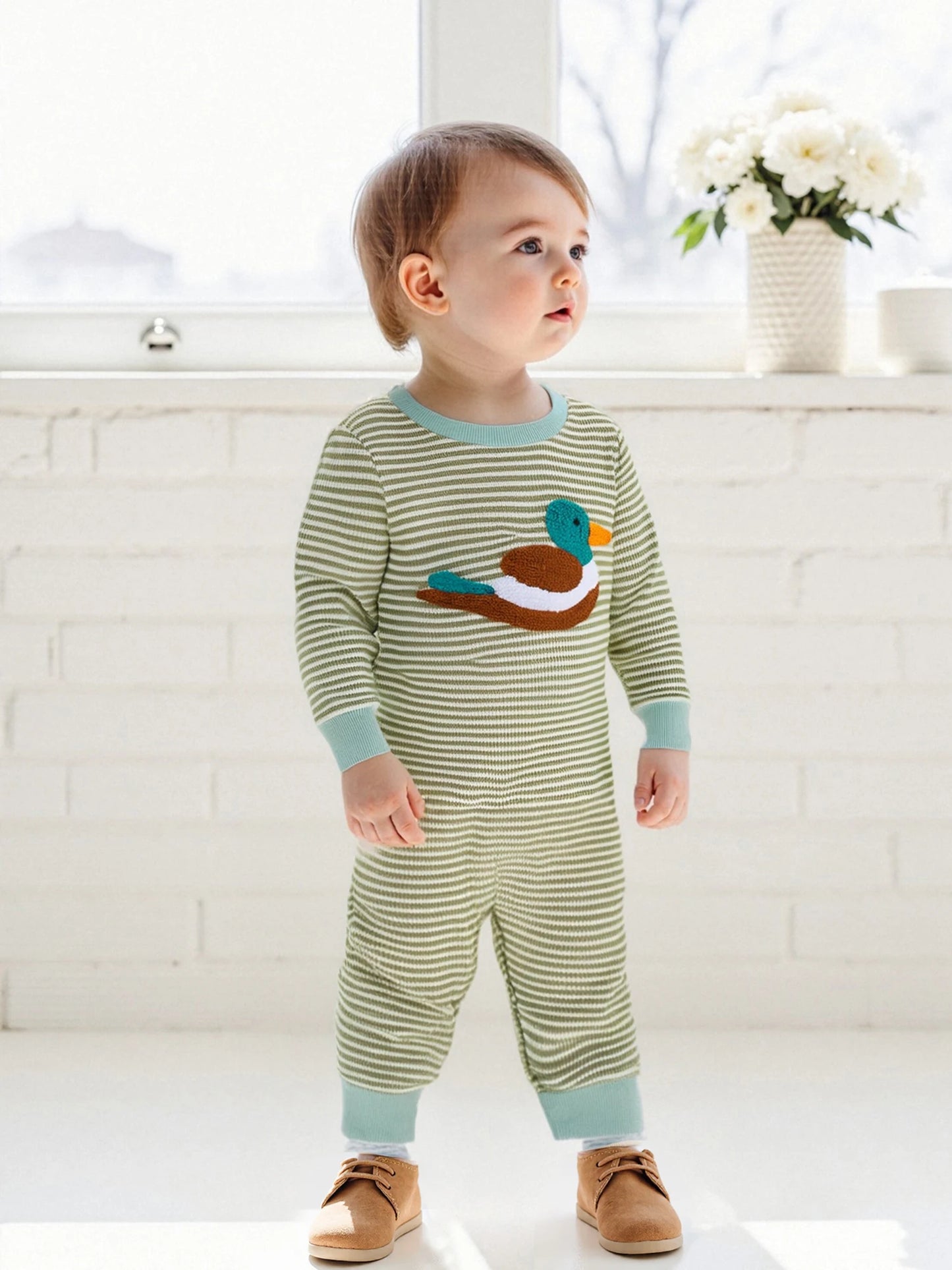 Infant Boys Romper Adorable Duck Embroidery Striped Jumpsuit for Fall Long Sleeve Casual Newborn Outfit