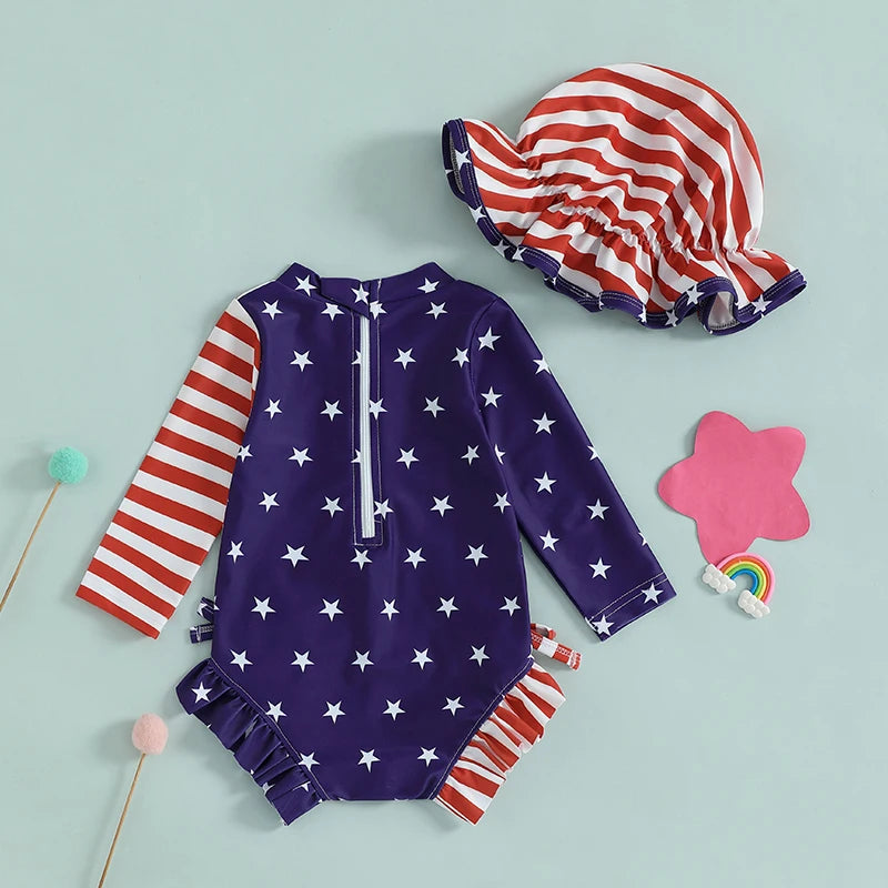 Baby Girl Patriotic Swimwear Set 4th of July American Flag Print Long Sleeve Rash Guard Bathing Suit with Matching Hat and