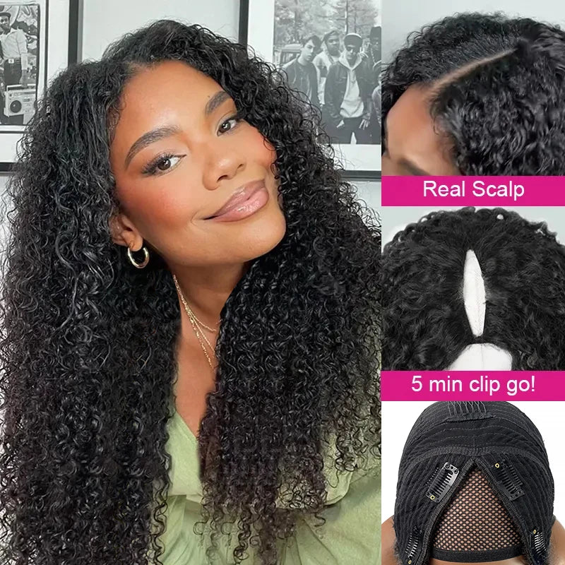 4C Afro Curly V Part Wig Human Hair 250% Glueless I Part Human Hair Wigs Brazilian Deep Wave 30 32 34 Inch Wigs For Women Sale