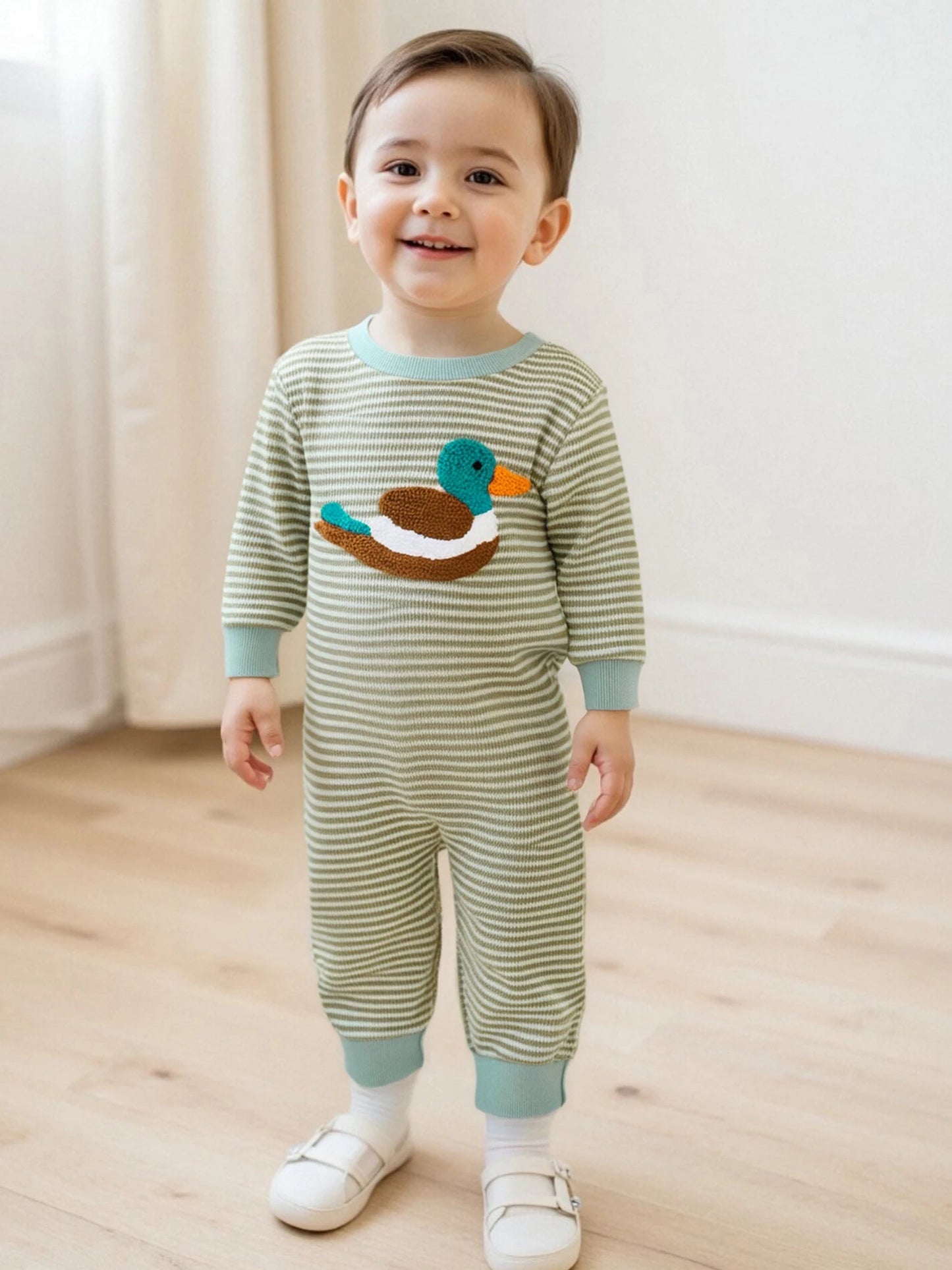 Infant Boys Romper Adorable Duck Embroidery Striped Jumpsuit for Fall Long Sleeve Casual Newborn Outfit