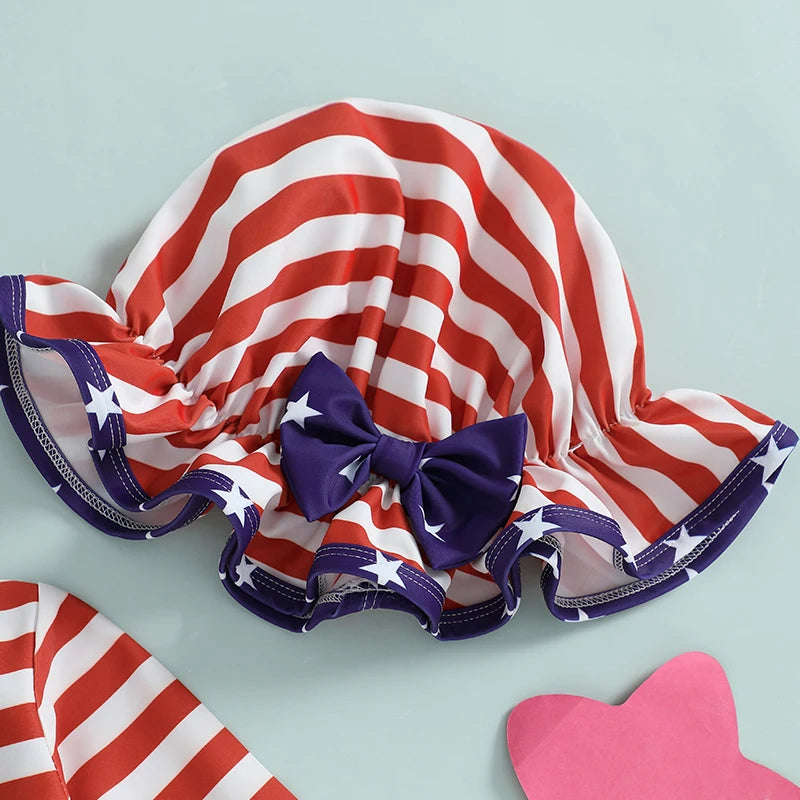 Baby Girl Patriotic Swimwear Set 4th of July American Flag Print Long Sleeve Rash Guard Bathing Suit with Matching Hat and