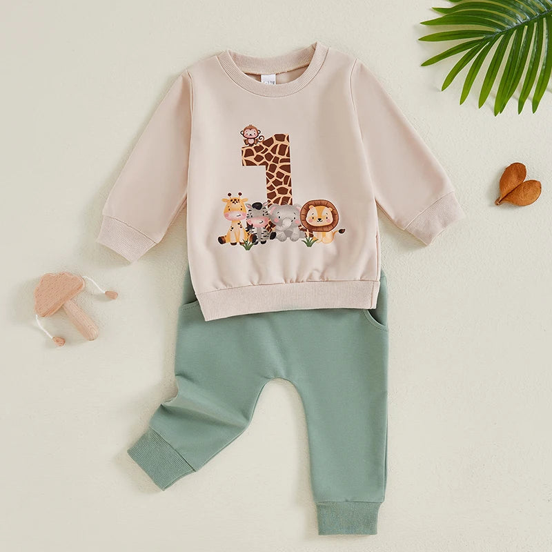 2024-05-31 Lioraitiin Baby Boy First Birthday Outfit, Animal Print Long Sleeve Sweatshirt Elastic Waist Pants Set for Fall