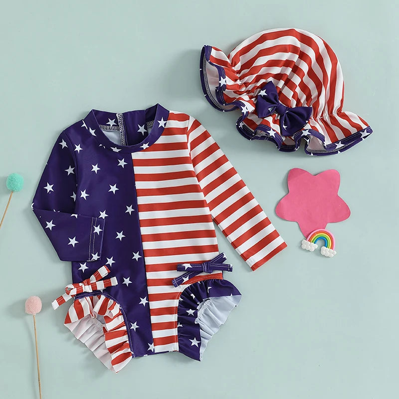 Baby Girl Patriotic Swimwear Set 4th of July American Flag Print Long Sleeve Rash Guard Bathing Suit with Matching Hat and