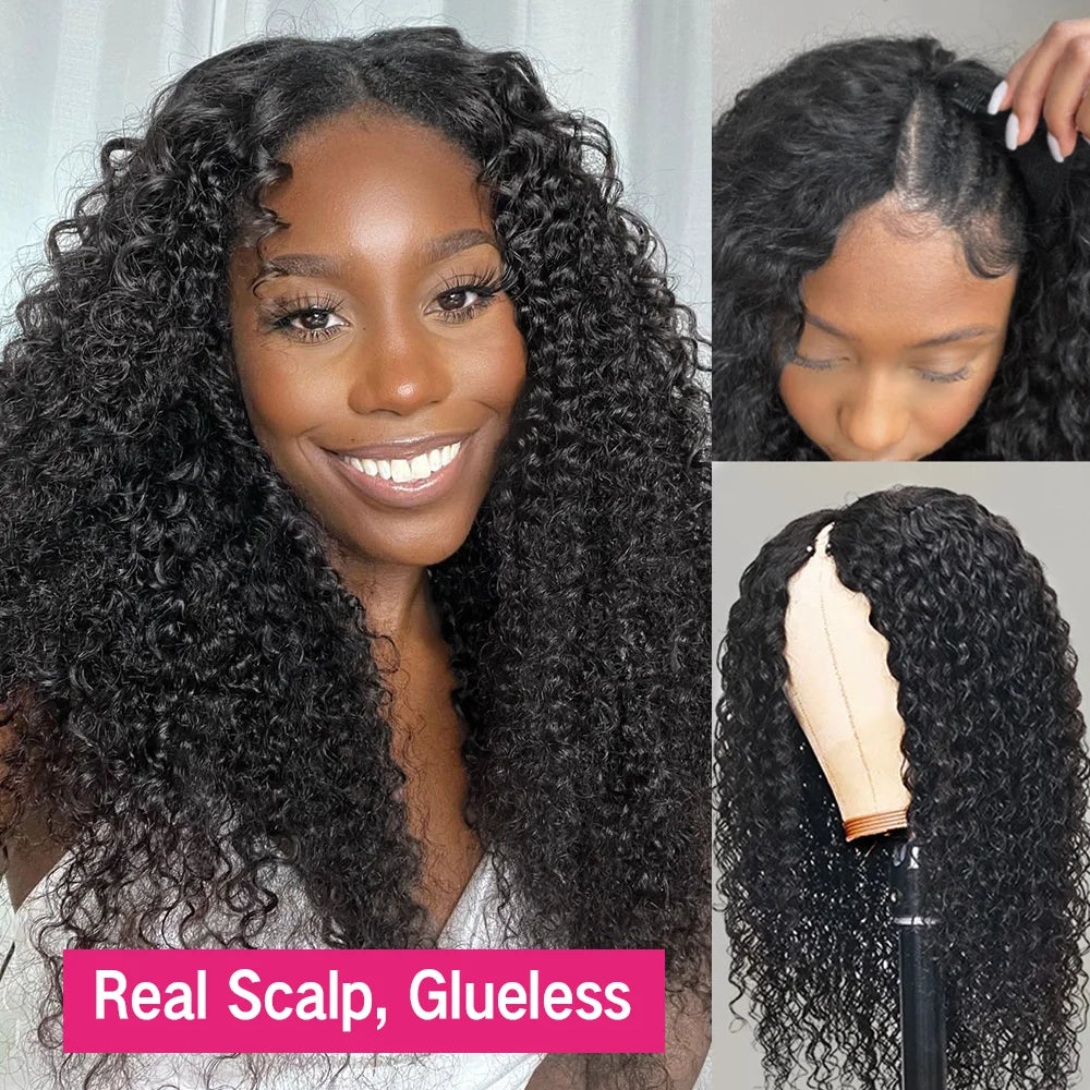 4C Afro Curly V Part Wig Human Hair 250% Glueless I Part Human Hair Wigs Brazilian Deep Wave 30 32 34 Inch Wigs For Women Sale