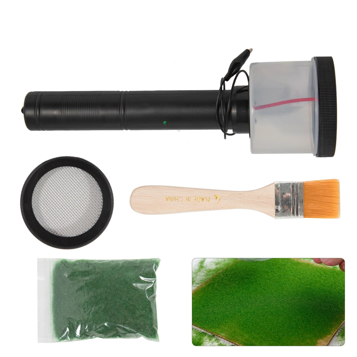5000V Static Grass Flocking Applicator Kit Battery-Powered Electrostatic Tool with 2 Grids (1/2mm) for Model Terrain DIY Crafts