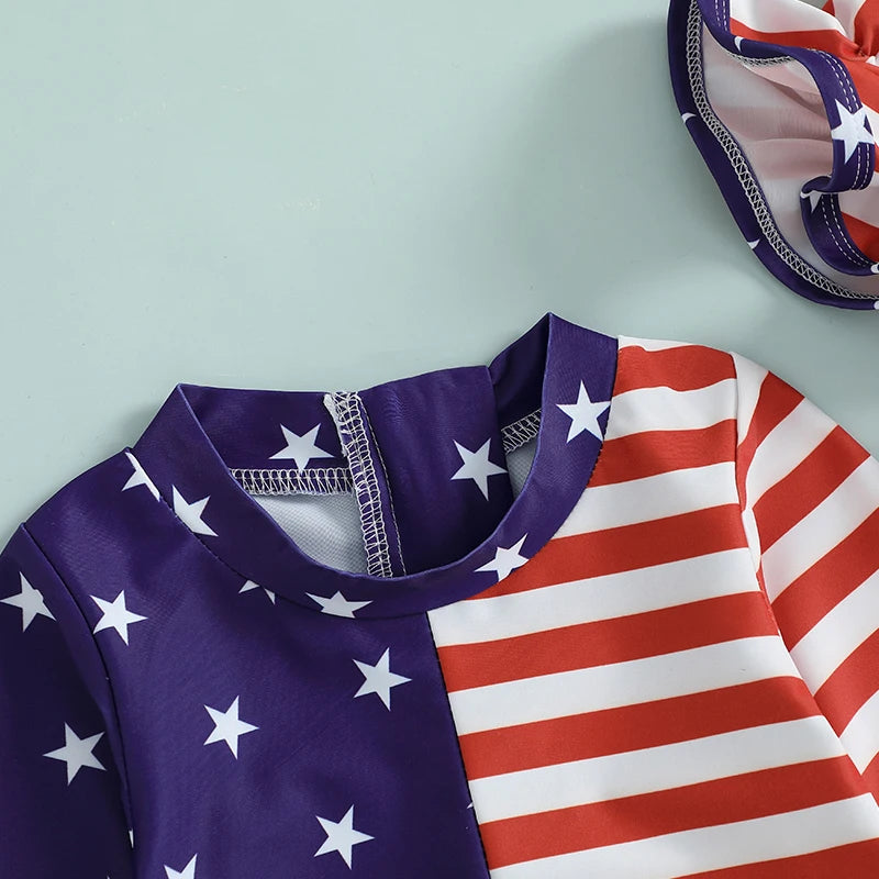 Baby Girl Patriotic Swimwear Set 4th of July American Flag Print Long Sleeve Rash Guard Bathing Suit with Matching Hat and