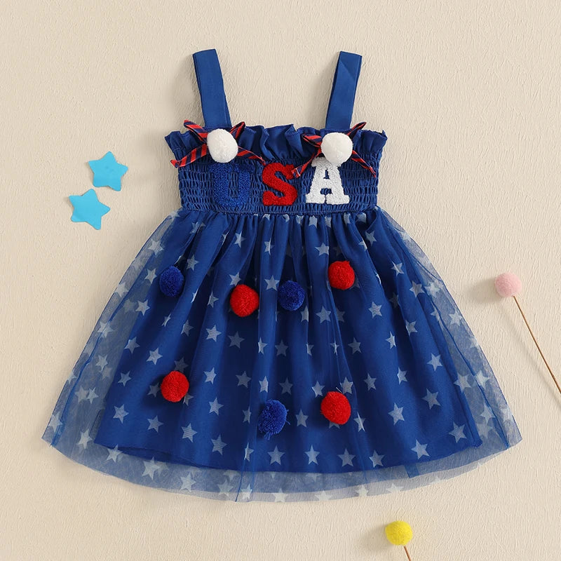 Cute Toddler Independence Day Outfit Red White Blue Striped Ruffle Sleeveless Dress for Memorial Day BBQ Party