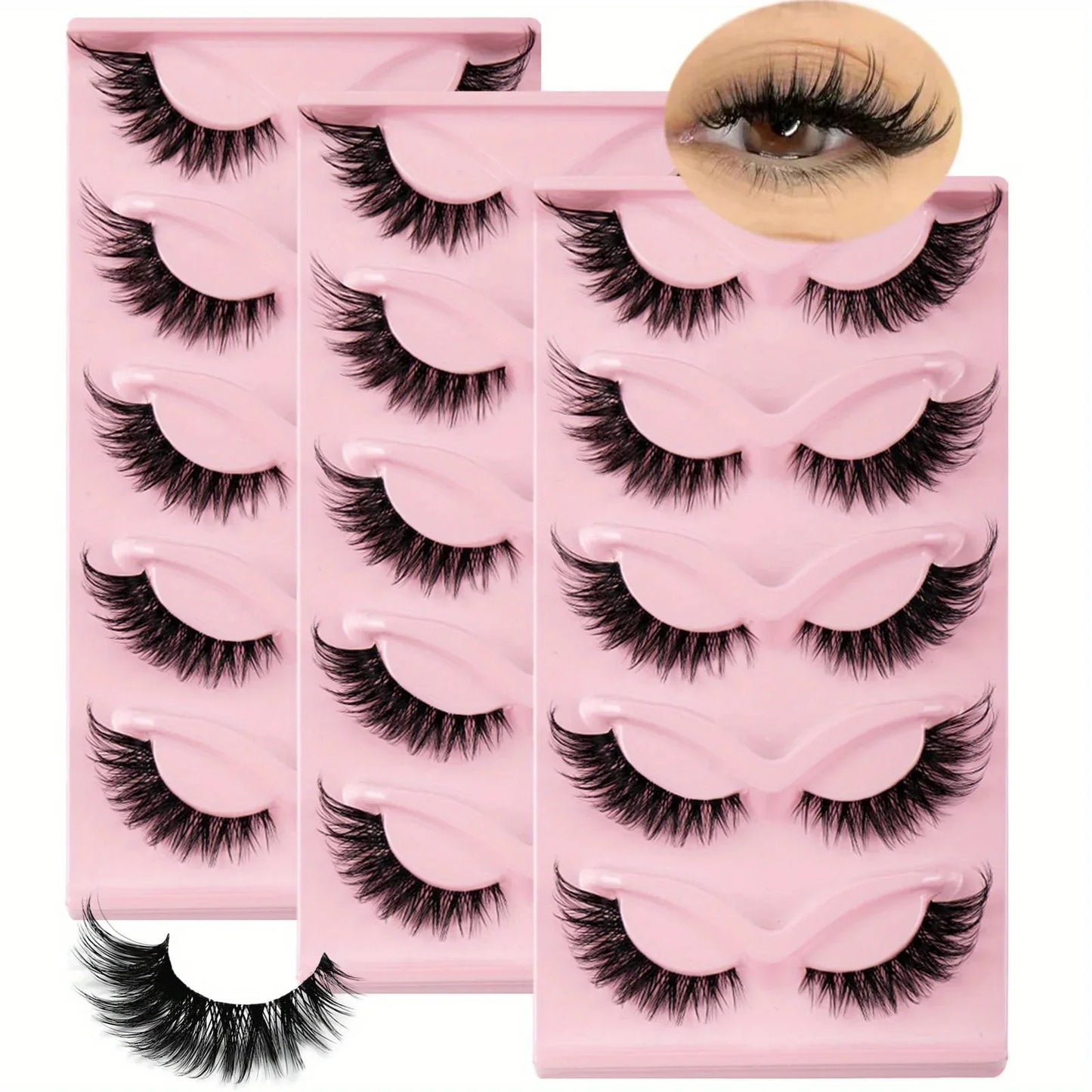 15Pairs 3-Pack Cat eye Eyelashes 3D Natural False Lashes Fluffy Soft Cross Clear Band Lashes Manga Lashes Wispy Eyelash Makeup