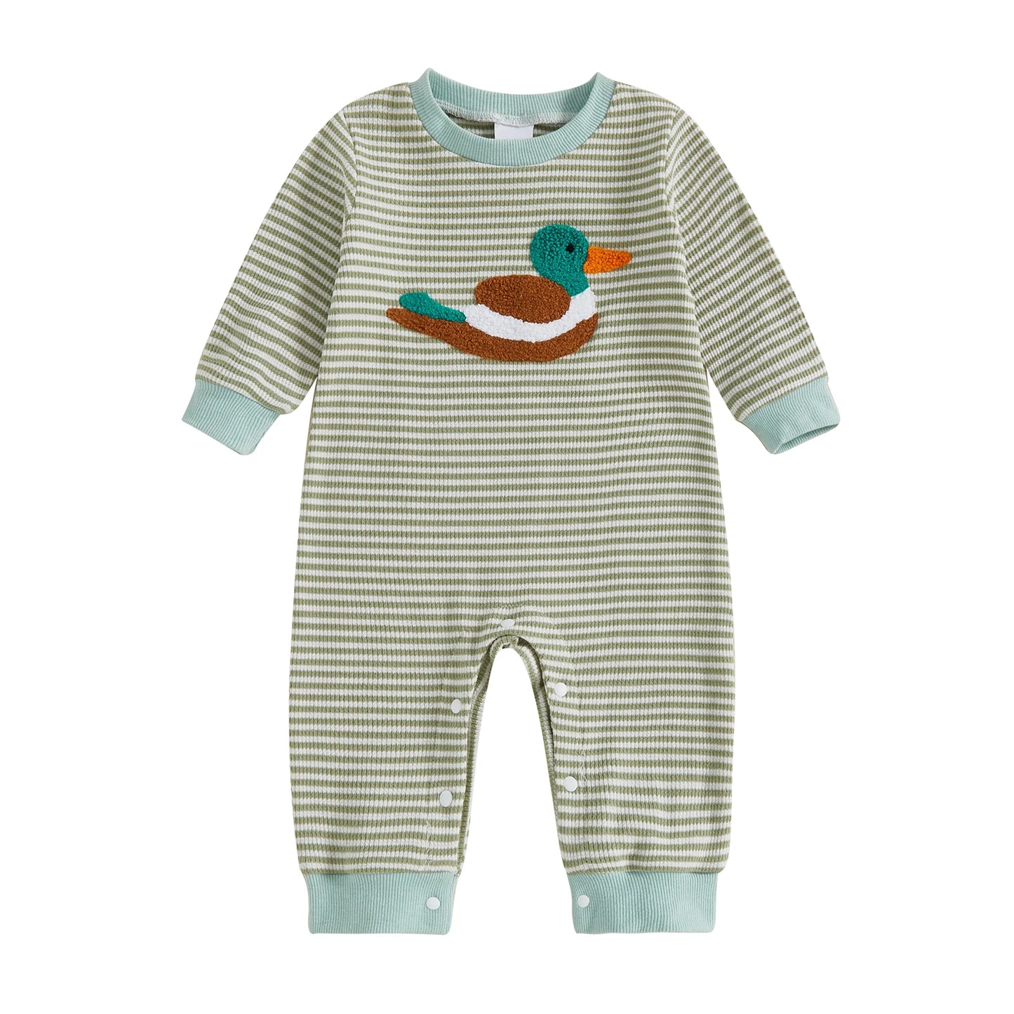 Infant Boys Romper Adorable Duck Embroidery Striped Jumpsuit for Fall Long Sleeve Casual Newborn Outfit