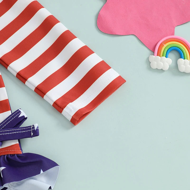 Baby Girl Patriotic Swimwear Set 4th of July American Flag Print Long Sleeve Rash Guard Bathing Suit with Matching Hat and