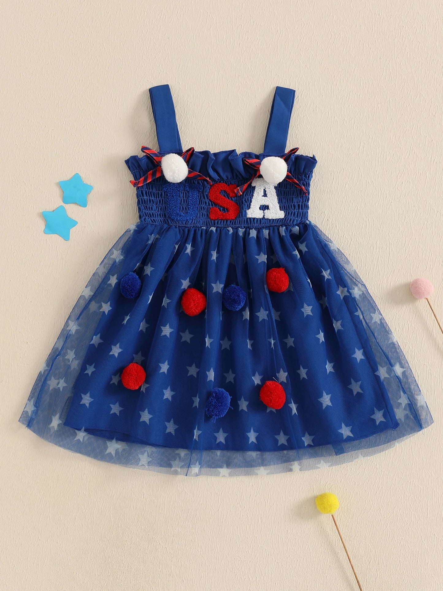 Cute Toddler Independence Day Outfit Red White Blue Striped Ruffle Sleeveless Dress for Memorial Day BBQ Party