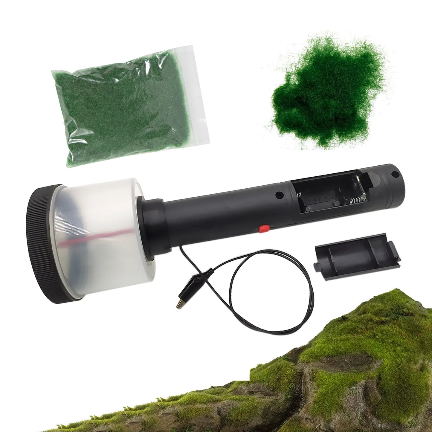 5000V Static Grass Flocking Applicator Kit Battery-Powered Electrostatic Tool with 2 Grids (1/2mm) for Model Terrain DIY Crafts