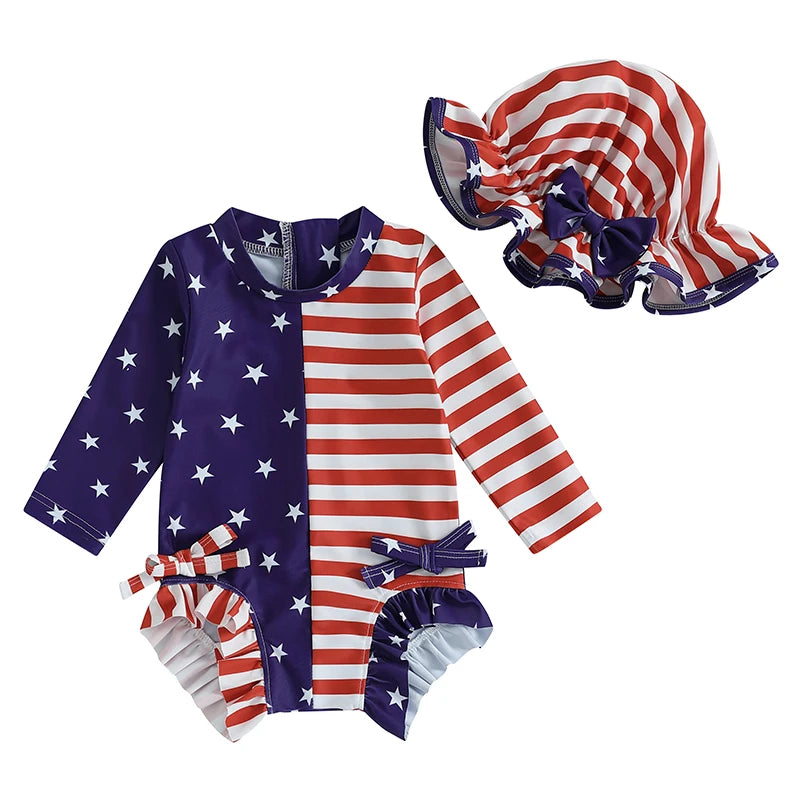 Baby Girl Patriotic Swimwear Set 4th of July American Flag Print Long Sleeve Rash Guard Bathing Suit with Matching Hat and
