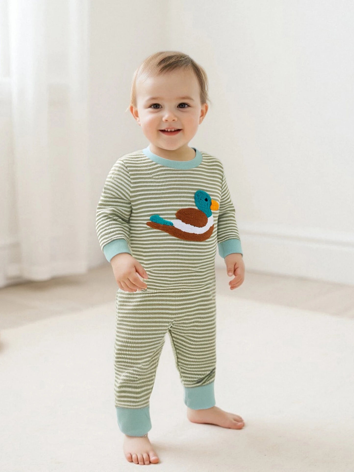 Infant Boys Romper Adorable Duck Embroidery Striped Jumpsuit for Fall Long Sleeve Casual Newborn Outfit