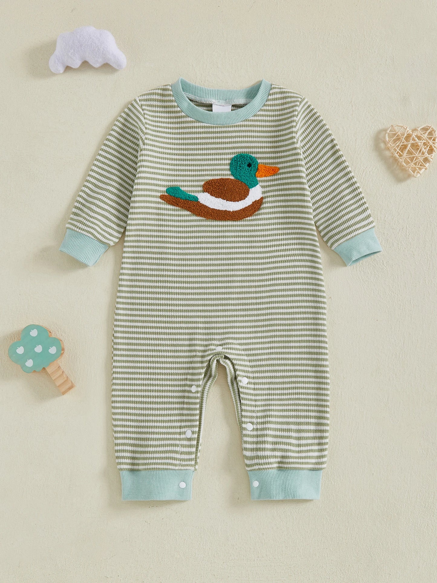 Infant Boys Romper Adorable Duck Embroidery Striped Jumpsuit for Fall Long Sleeve Casual Newborn Outfit