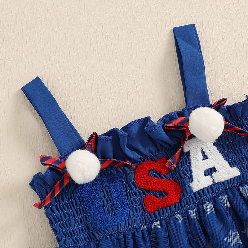 Cute Toddler Independence Day Outfit Red White Blue Striped Ruffle Sleeveless Dress for Memorial Day BBQ Party
