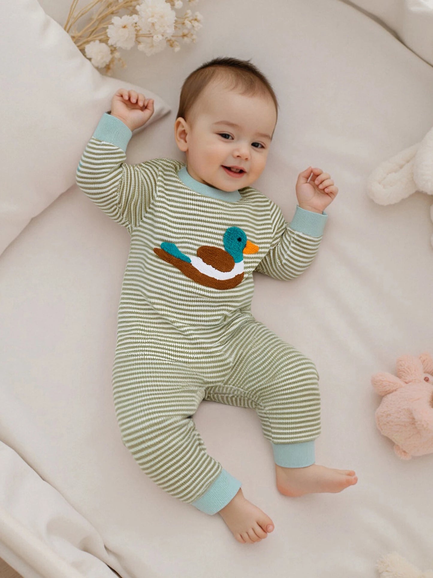 Infant Boys Romper Adorable Duck Embroidery Striped Jumpsuit for Fall Long Sleeve Casual Newborn Outfit