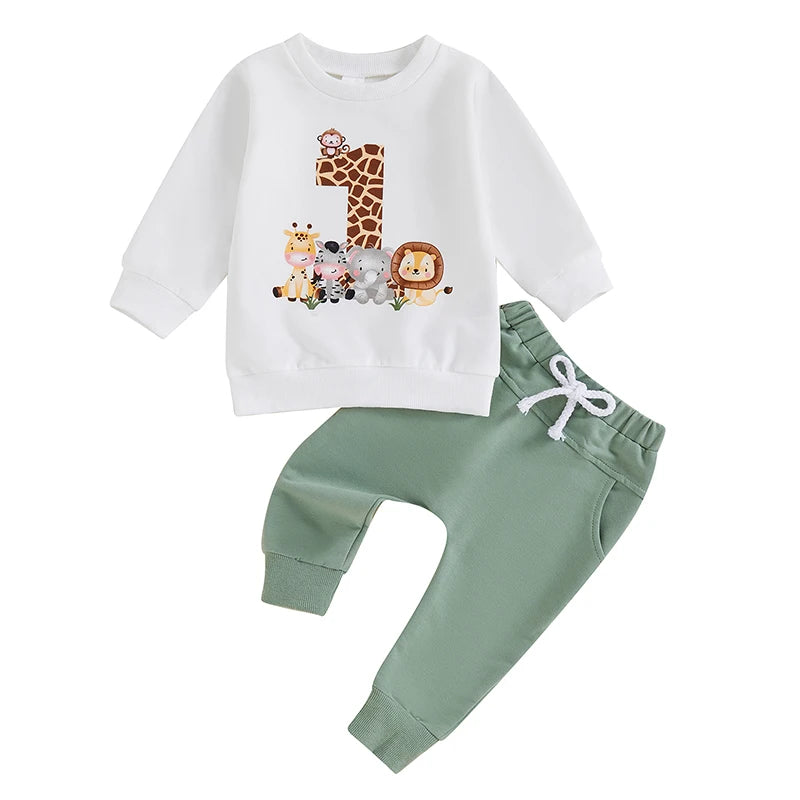 2024-05-31 Lioraitiin Baby Boy First Birthday Outfit, Animal Print Long Sleeve Sweatshirt Elastic Waist Pants Set for Fall