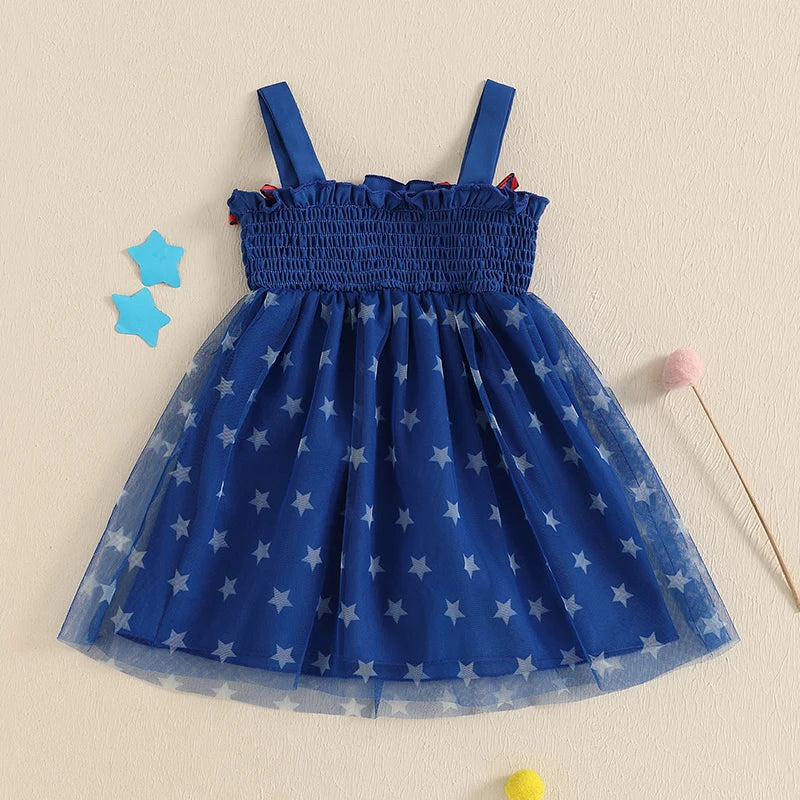 Cute Toddler Independence Day Outfit Red White Blue Striped Ruffle Sleeveless Dress for Memorial Day BBQ Party