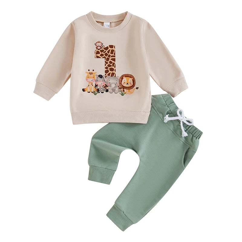 2024-05-31 Lioraitiin Baby Boy First Birthday Outfit, Animal Print Long Sleeve Sweatshirt Elastic Waist Pants Set for Fall