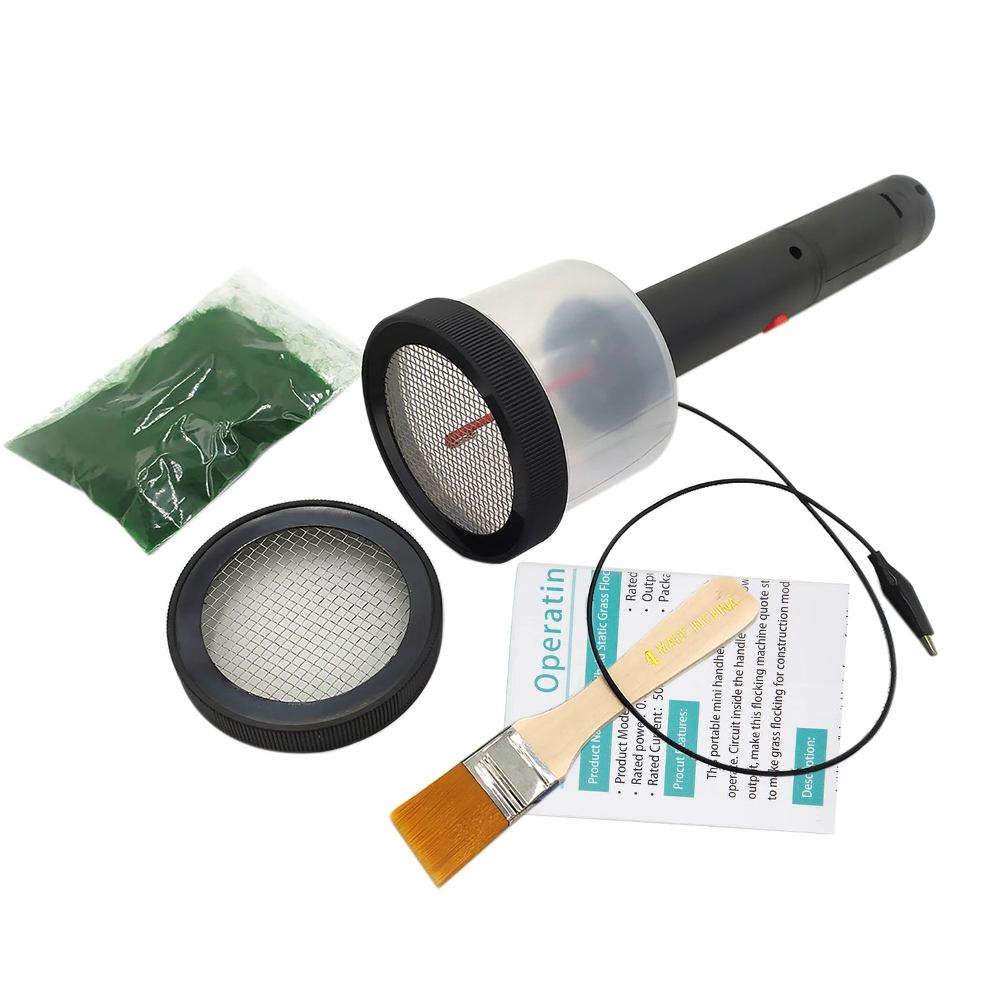 5000V Static Grass Flocking Applicator Kit Battery-Powered Electrostatic Tool with 2 Grids (1/2mm) for Model Terrain DIY Crafts