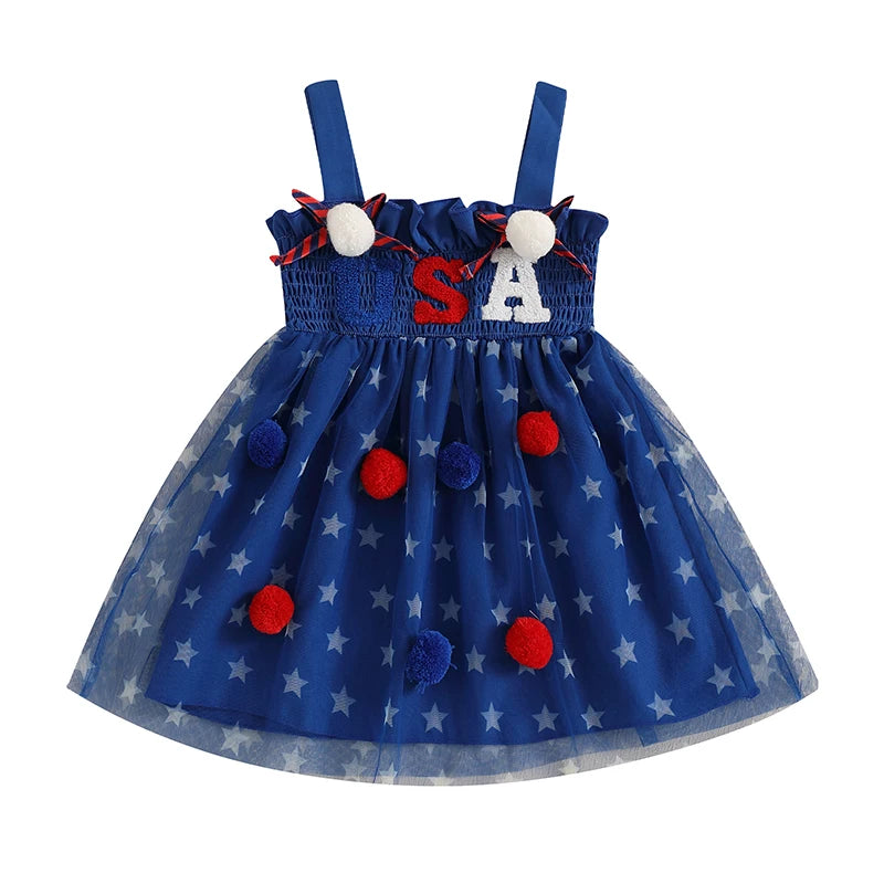 Cute Toddler Independence Day Outfit Red White Blue Striped Ruffle Sleeveless Dress for Memorial Day BBQ Party