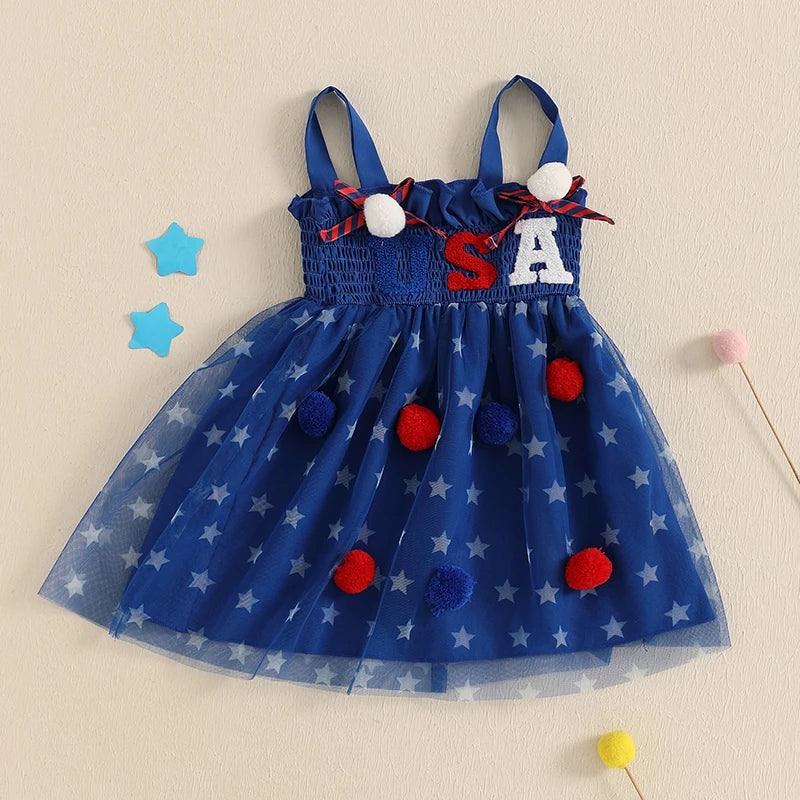 Cute Toddler Independence Day Outfit Red White Blue Striped Ruffle Sleeveless Dress for Memorial Day BBQ Party