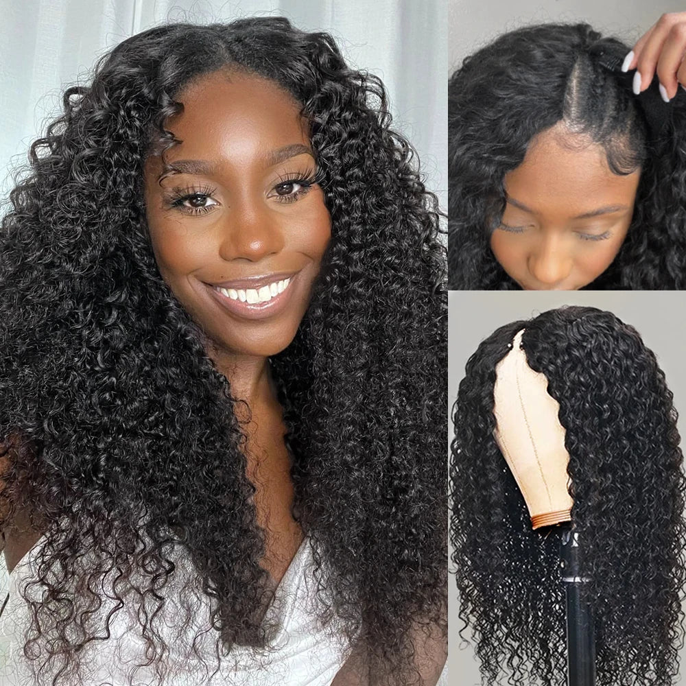 4C Afro Curly V Part Wig Human Hair 250% Glueless I Part Human Hair Wigs Brazilian Deep Wave 30 32 34 Inch Wigs For Women Sale
